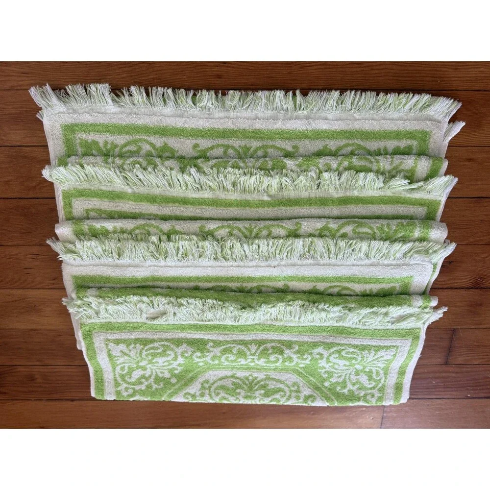 Green Fluer-de-lis Bath Towel Set 6pc Terry Cotton Blend Made USA Fringe